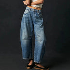 Light blue wide-leg jeans with a relaxed fit, featuring a classic five-pocket style and frayed hem. 10