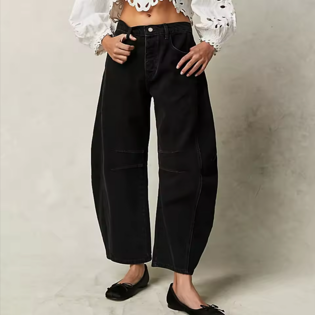 Light blue wide-leg jeans with a relaxed fit, featuring a classic five-pocket style and frayed hem. 6