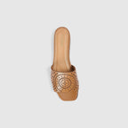 Tan leather sandals with a soft square toe and intricate laser-cut pattern. 3
