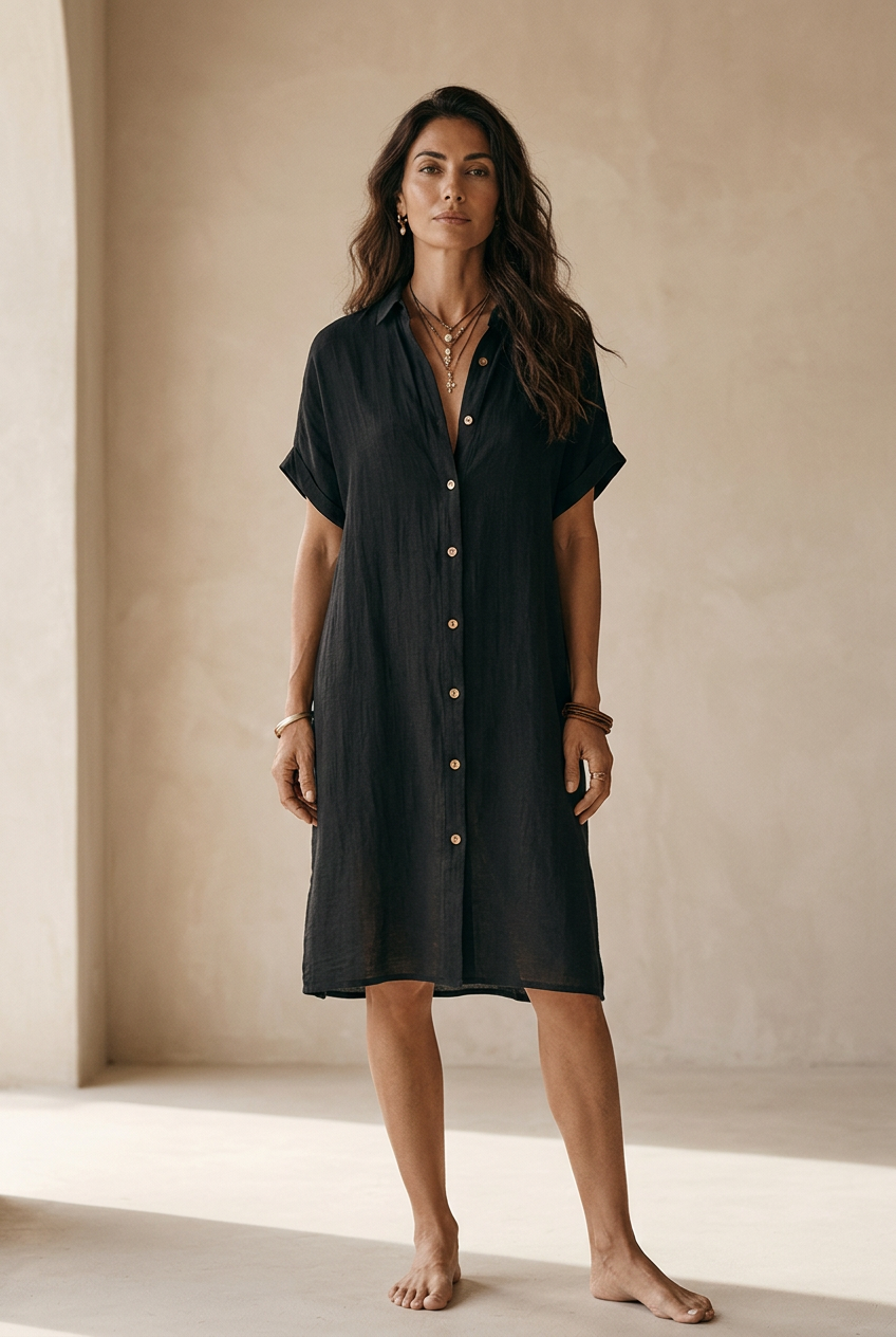 Black linen midi dress with a relaxed fit and minimalist style. 1
