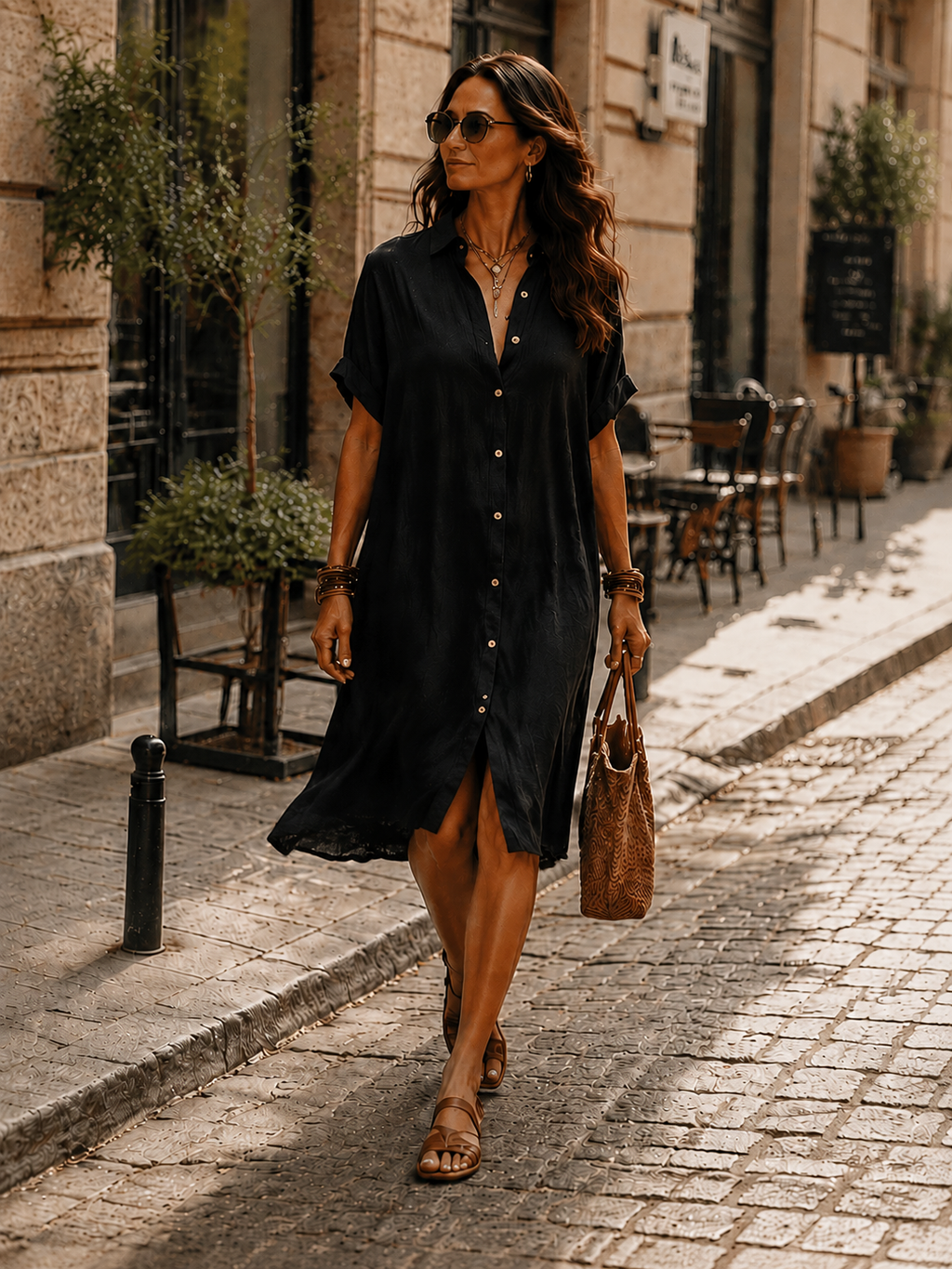 Black linen midi dress with a relaxed fit and minimalist style. 3