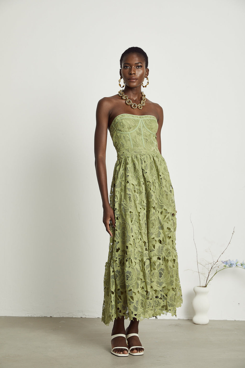Ivy | Floral Midi Dress Lace Embroidered, Off the Shoulder Summer Wedding Guest Dress