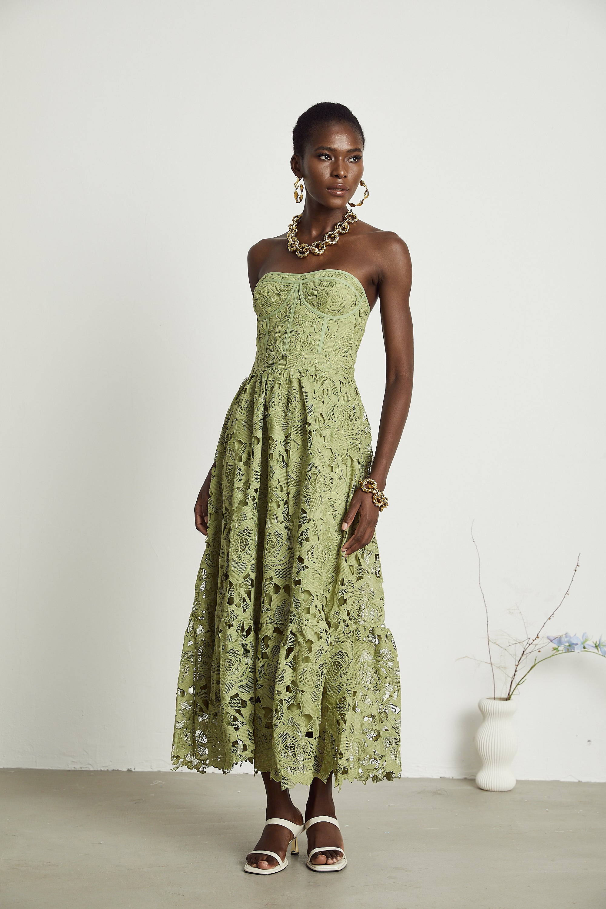Ivy | Floral Midi Dress Lace Embroidered, Off the Shoulder Summer Wedding Guest Dress