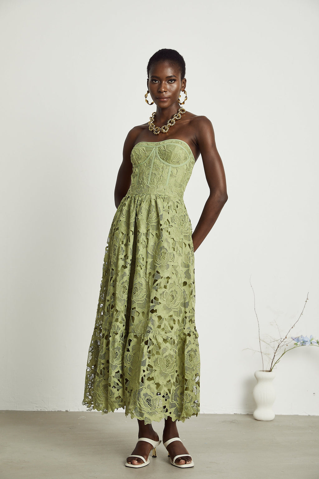 Ivy | Floral Midi Dress Lace Embroidered, Off the Shoulder Summer Wedding Guest Dress