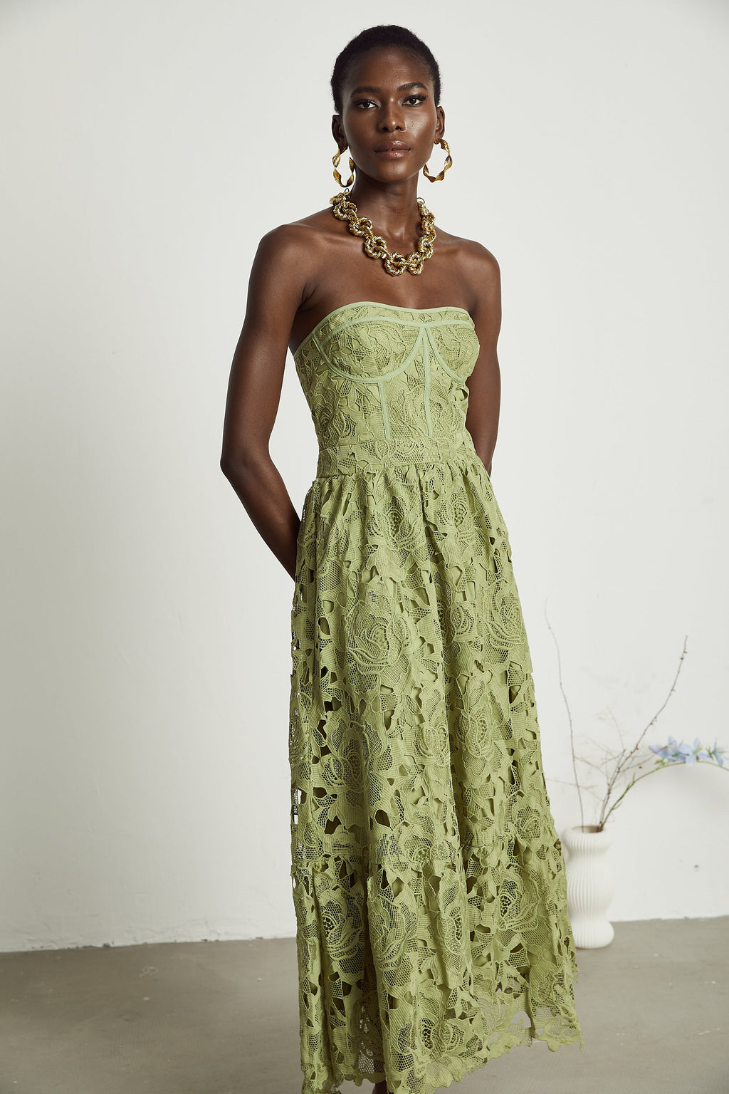 Ivy | Floral Midi Dress Lace Embroidered, Off the Shoulder Summer Wedding Guest Dress