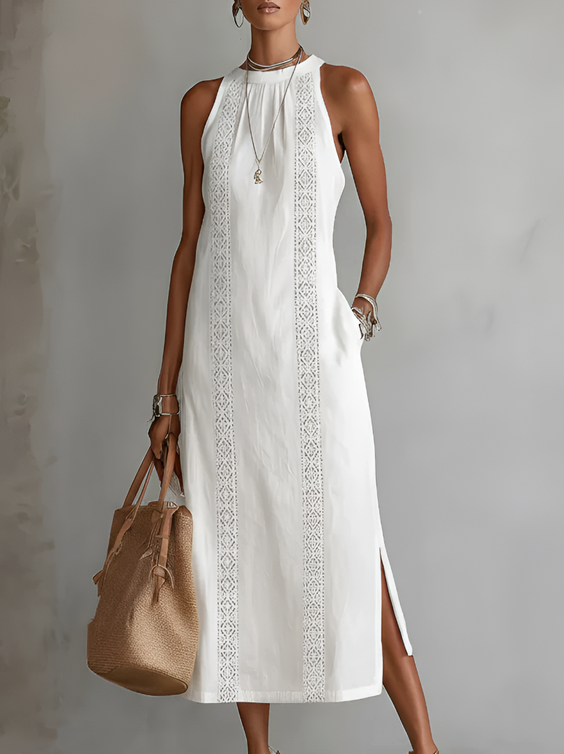 Light blue linen summer dress with a relaxed fit and adjustable straps, perfect for warm weather. 0