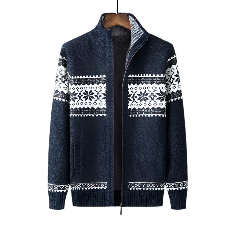 Vera Noir Finn fleece-lined knit zip cardigan, Nordic pattern, front view