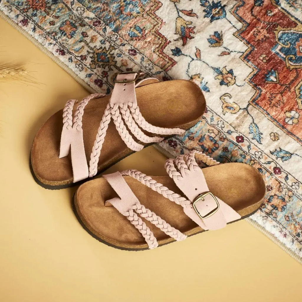 Lila braided leather sandals in soft beige with a casual, comfortable style and orthopedic insole for support. 4