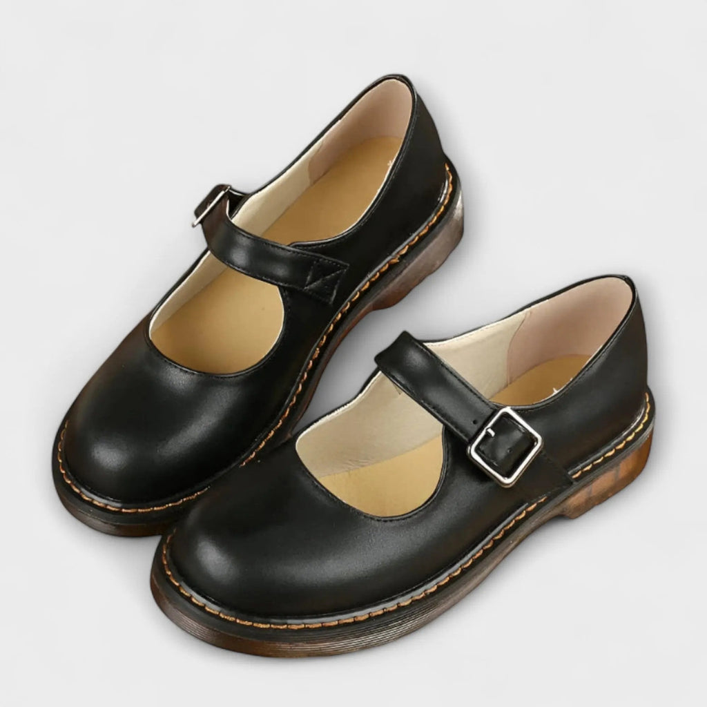 Maya Black Flats | Adjustable Buckle, Comfortable Synthetic Leather - 2