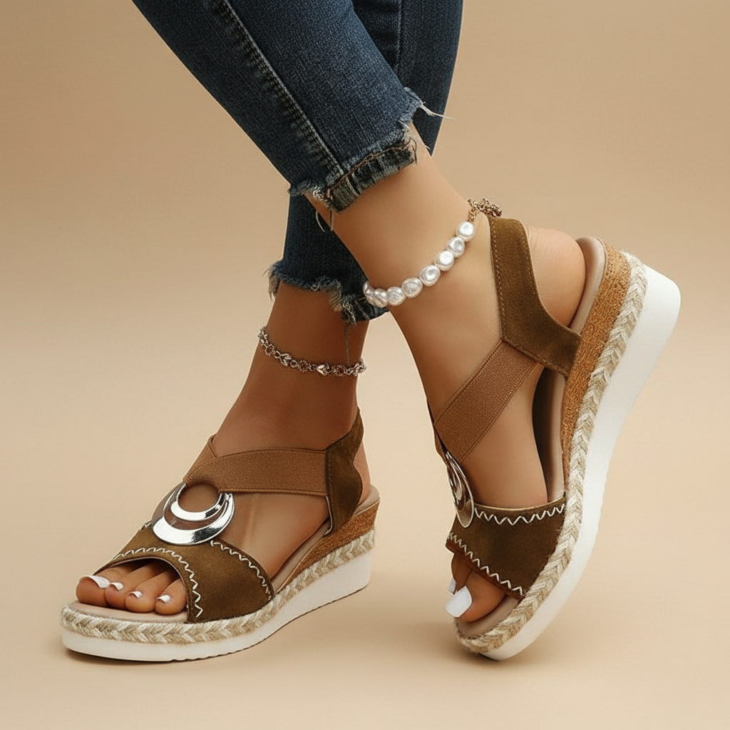 Brown Myla platform sandals for women, featuring a sleek design with braided straps and a chunky sole. 1