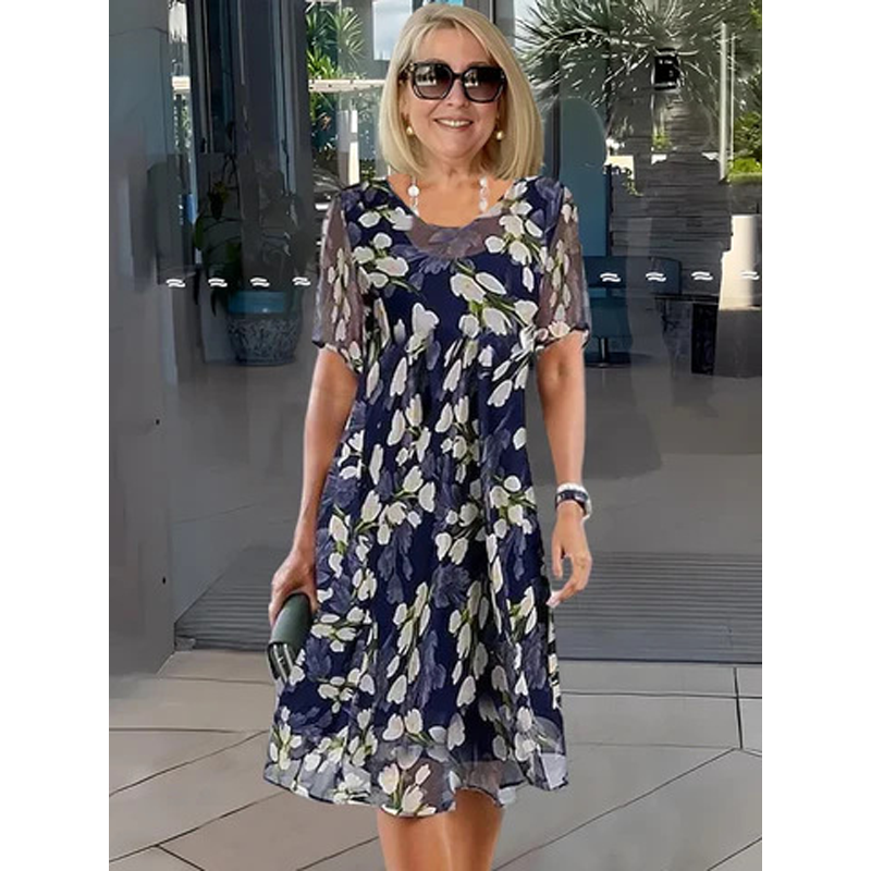 Navy Floral A-Line Dress 0