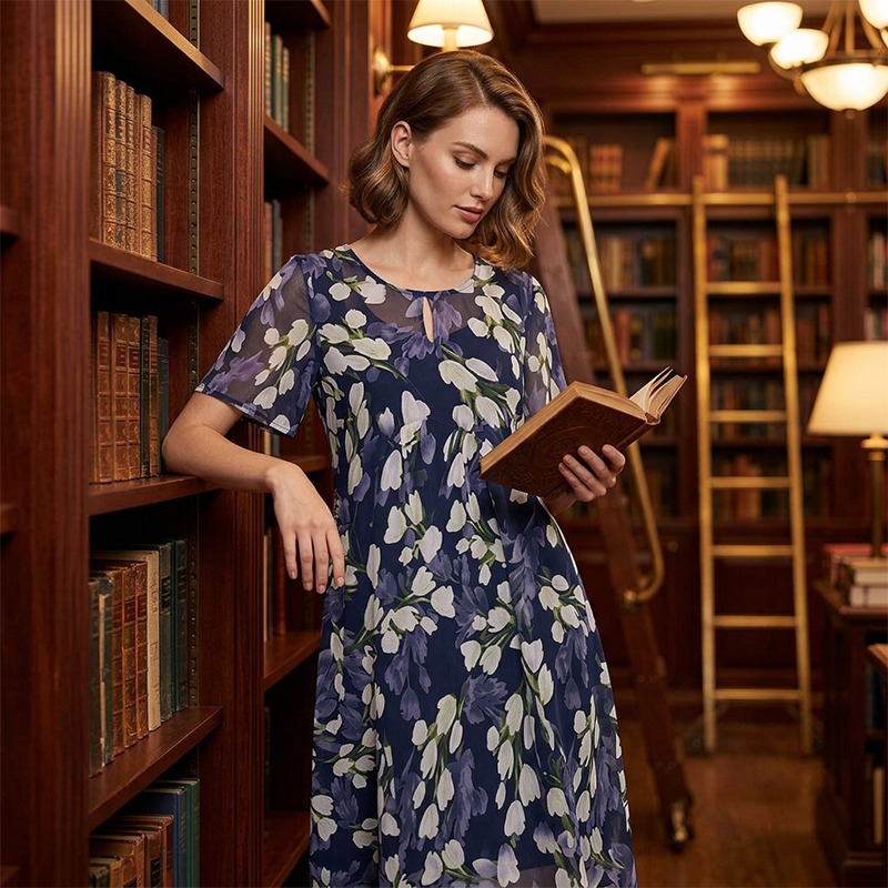 Navy Floral A-Line Dress 5