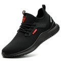 Black orthopedic work shoes with steel toe, featuring a breathable mesh upper in a sleek, modern design. 0