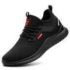 Black orthopedic work shoes with steel toe, featuring a breathable mesh upper in a sleek, modern design. 0