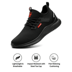 Black orthopedic work shoes with steel toe, featuring a breathable mesh upper in a sleek, modern design. 1