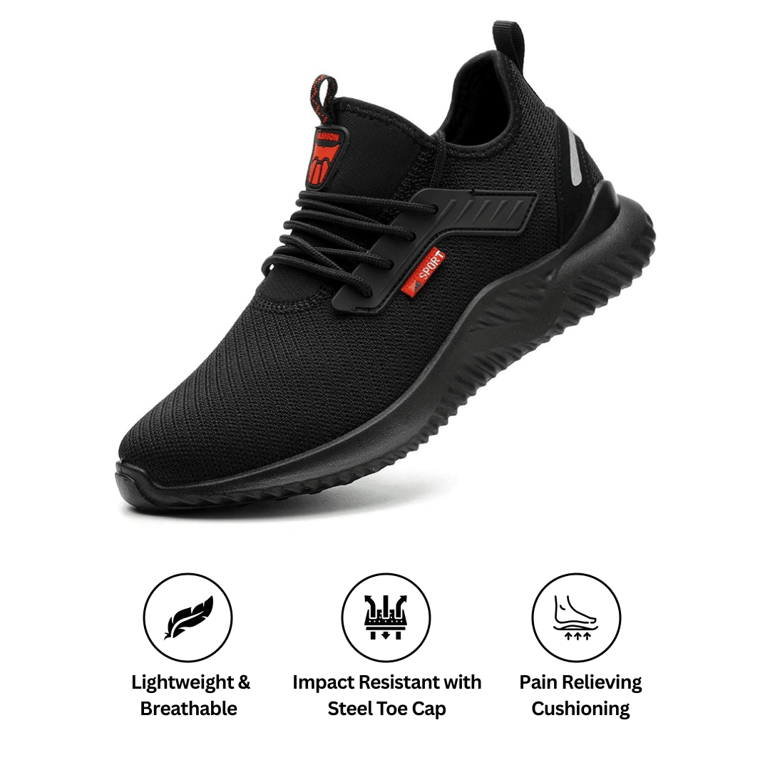 Black orthopedic work shoes with steel toe, featuring a breathable mesh upper in a sleek, modern design. 1