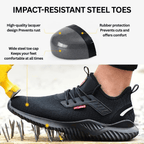 Black orthopedic work shoes with steel toe, featuring a breathable mesh upper in a sleek, modern design. 2
