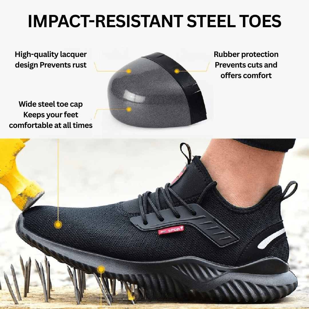 Black orthopedic work shoes with steel toe, featuring a breathable mesh upper in a sleek, modern design. 2