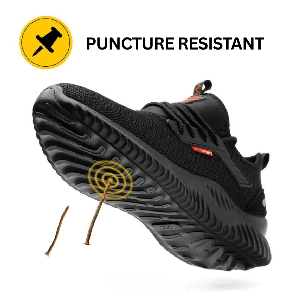 Black orthopedic work shoes with steel toe, featuring a breathable mesh upper in a sleek, modern design. 3