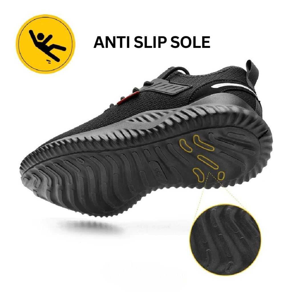 Black orthopedic work shoes with steel toe, featuring a breathable mesh upper in a sleek, modern design. 4