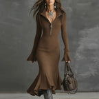 Pravielle - Long Dress with Turn-down Collar and Flared Sleeves