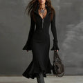 Pravielle - Long Dress with Turn-down Collar and Flared Sleeves