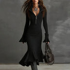 Pravielle - Long Dress with Turn-down Collar and Flared Sleeves