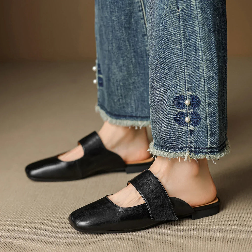 Yena | Leather Square Toe Chunky Heel Mules