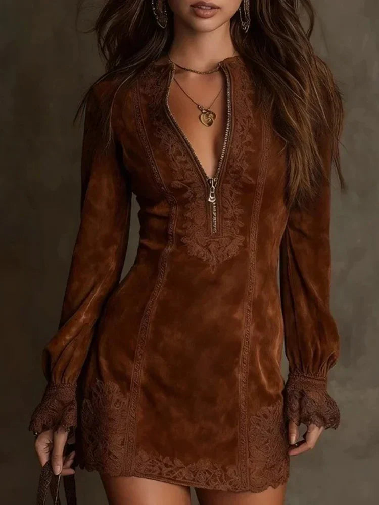 Loes | The Suede-Effect Lace Mini Dress