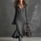 Pravielle - Long Dress with Turn-down Collar and Flared Sleeves