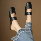 Yena | Leather Square Toe Chunky Heel Mules