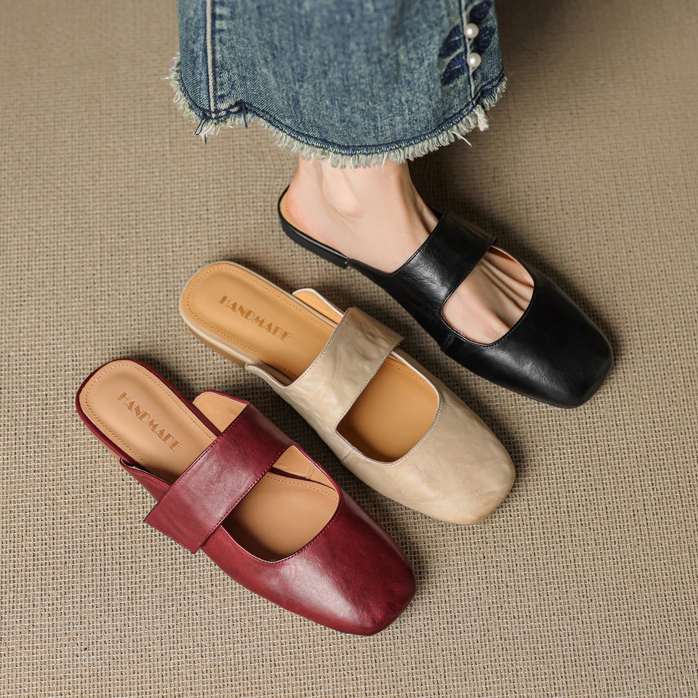 Yena | Leather Square Toe Chunky Heel Mules