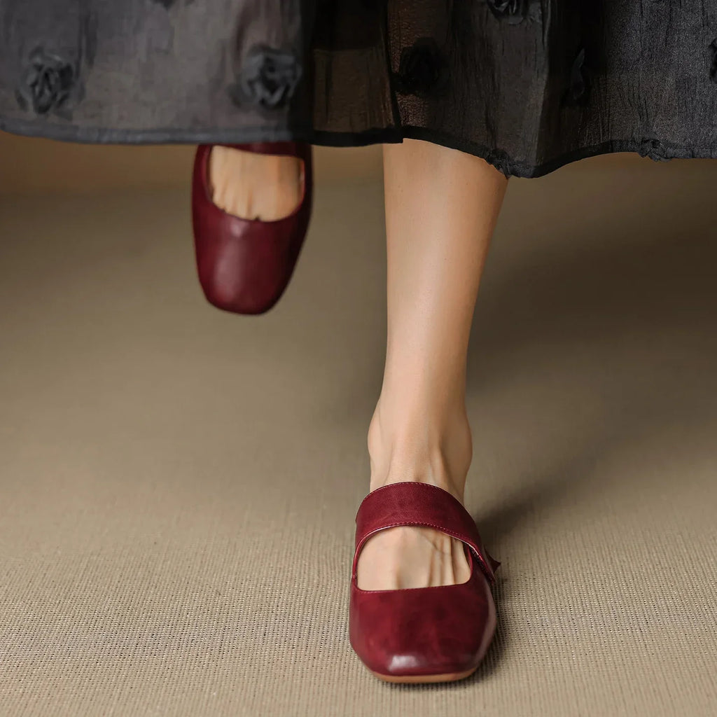 Yena | Leather Square Toe Chunky Heel Mules