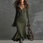 Pravielle - Long Dress with Turn-down Collar and Flared Sleeves