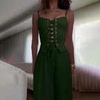 Brianna |  Lace-Up Top Wide Leg Pants Set