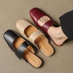 Yena | Leather Square Toe Chunky Heel Mules