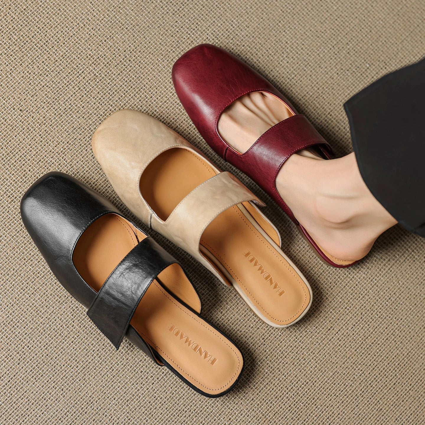 Yena | Leather Square Toe Chunky Heel Mules