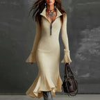 Pravielle - Long Dress with Turn-down Collar and Flared Sleeves