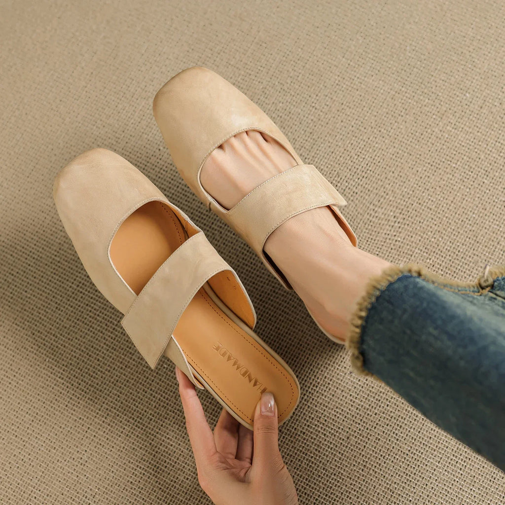 Yena | Leather Square Toe Chunky Heel Mules