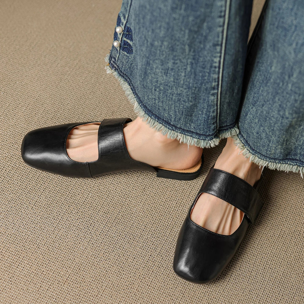 Yena | Leather Square Toe Chunky Heel Mules
