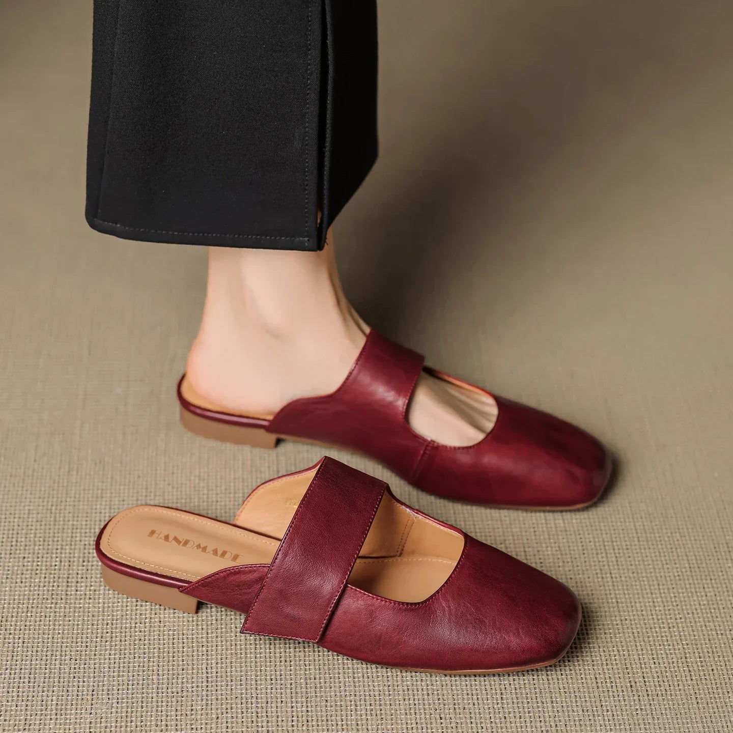 Yena | Leather Square Toe Chunky Heel Mules