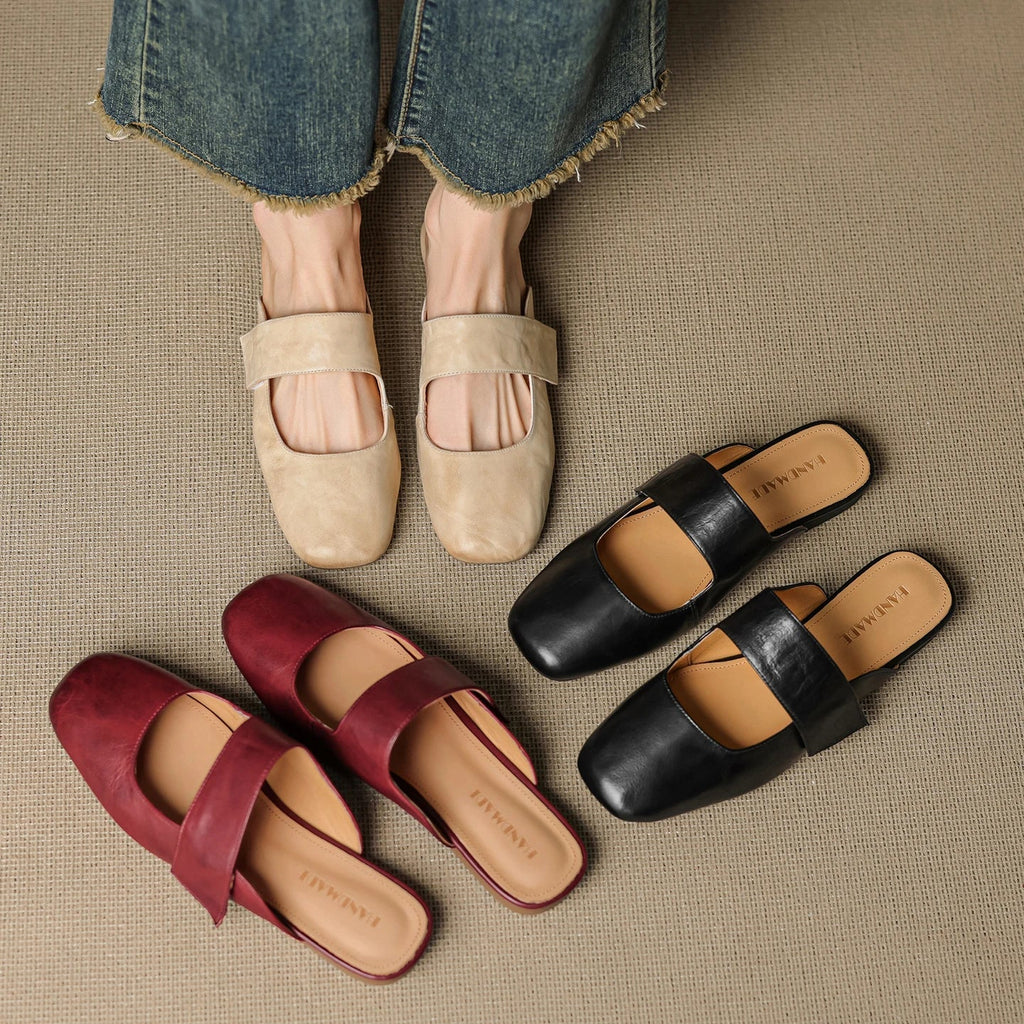 Yena | Leather Square Toe Chunky Heel Mules