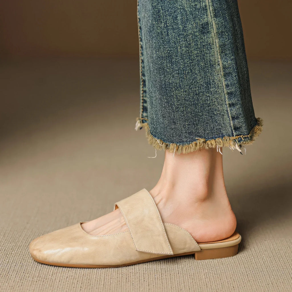 Yena | Leather Square Toe Chunky Heel Mules