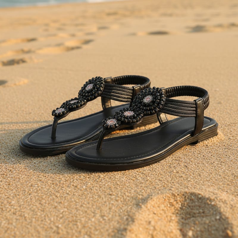 Beige bohemian flat sandals with an open vamp and colorful bead detail. 4