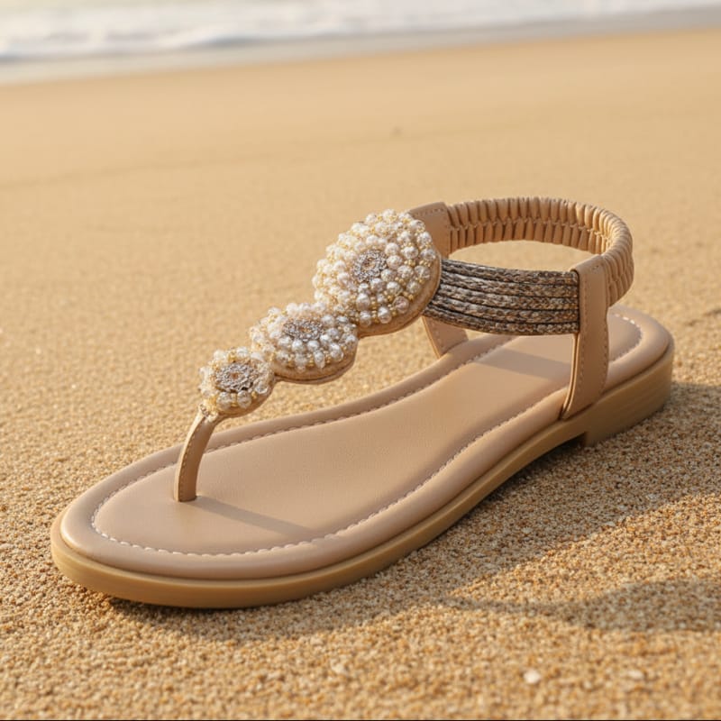 Beige bohemian flat sandals with an open vamp and colorful bead detail. 5