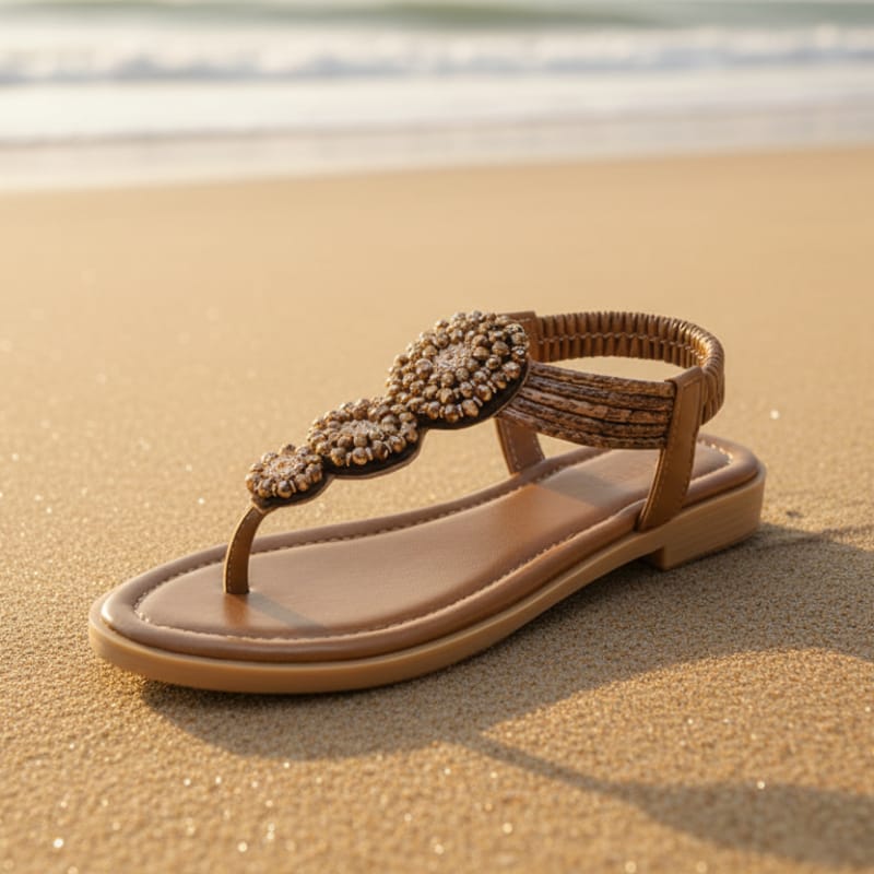 Beige bohemian flat sandals with an open vamp and colorful bead detail. 6