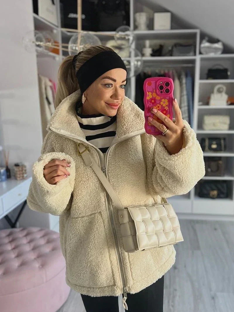 Aven open-front teddy coat, side view