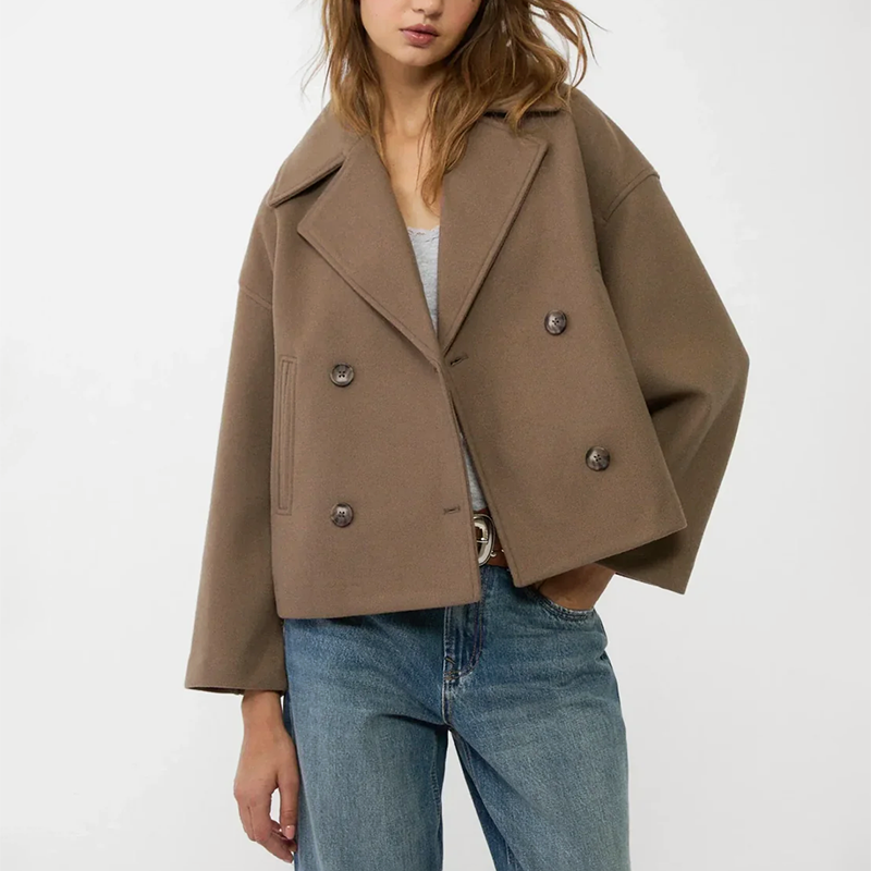 Women's Cropped Double-Breasted Coat with Lapel Collar