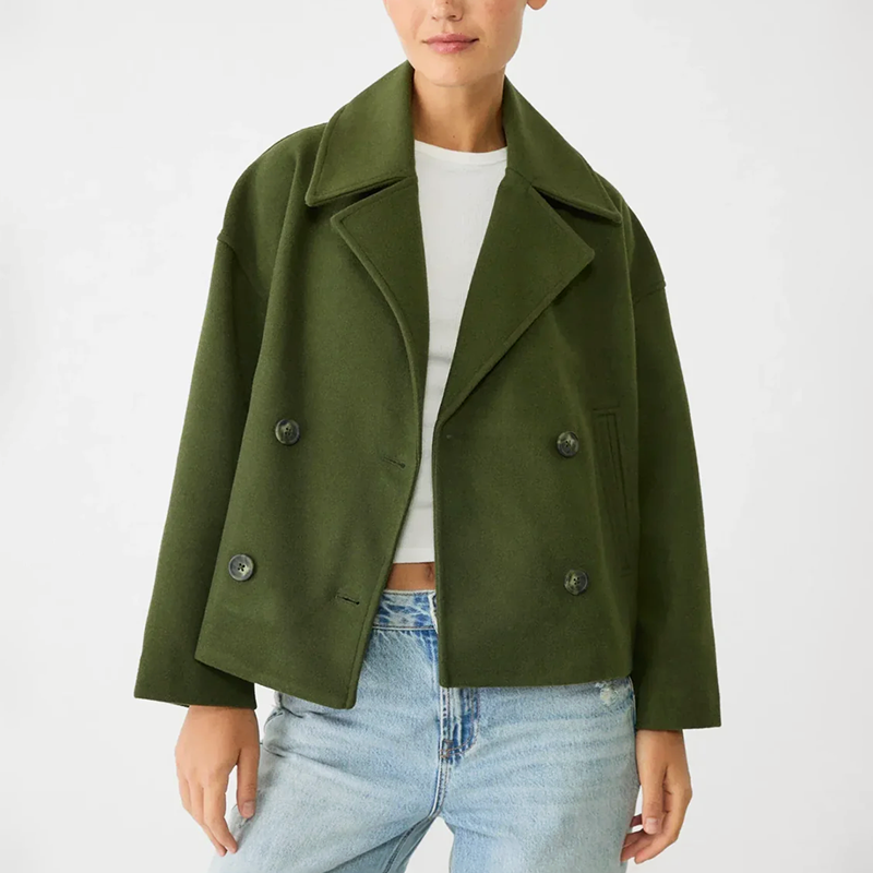 Women's Cropped Double-Breasted Coat with Lapel Collar