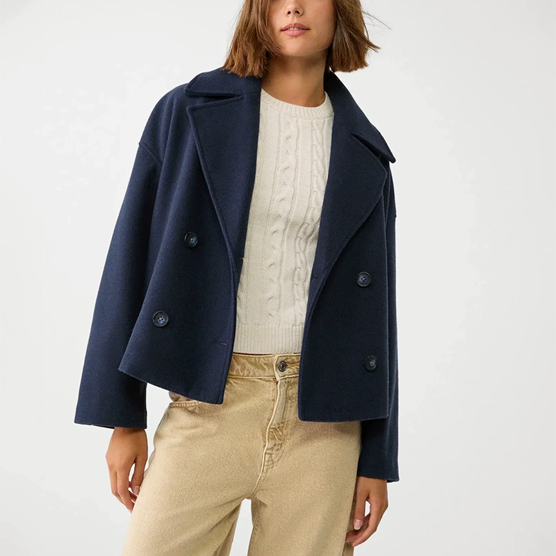 Women's Cropped Double-Breasted Coat with Lapel Collar